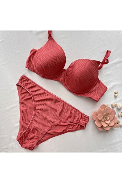 KARAZ Baklava Desenli Balenli Dolgusuz Sütyen Takımı -  Kiremit-80-B