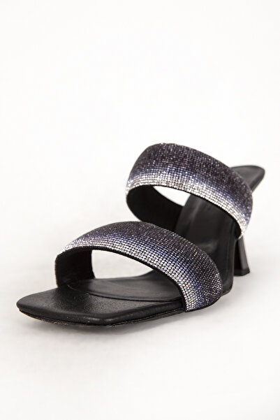 Dericlub Γυναικείο βραδινό φόρεμα με πέτρινη λεπτομέρεια με διπλό ριγέ μαύρο γυναικείο βραδινό φόρεμα με τακούνι - Zy 7719