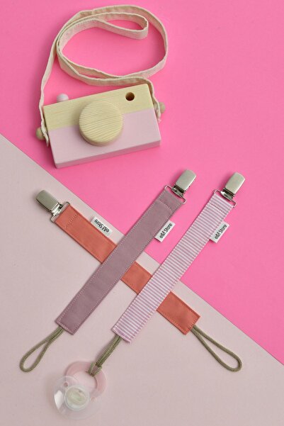 e&f Store 3'lü Set - Pembe Çizgili, Gül Kurusu, Nar Çiçeği - Emzik Zinciri Se...