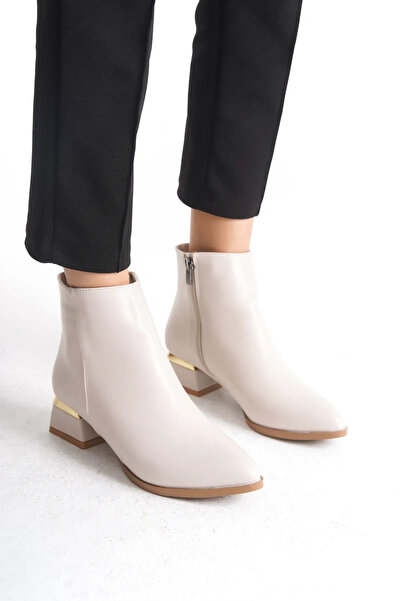 Moda Lime Krem Yandan Fermuarlı Sade Kısa Kadın Kısa Bot