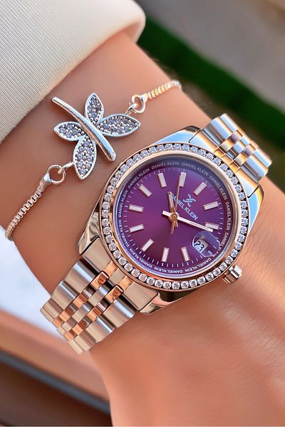 Daniel Klein Brand Rose Silver Color Women's Wristwatch - Bracelet Gift