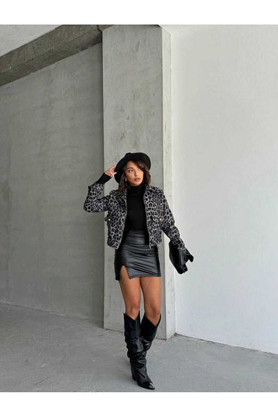 Semesia World Gray Leopard Print Premium Stamp Fabric Jacket Coat