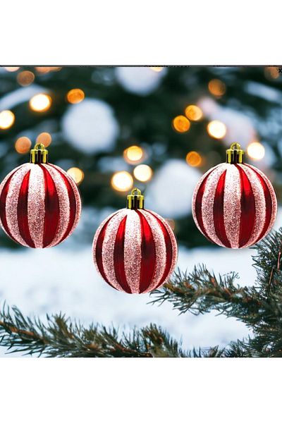 Partifabrik Red Striped Tree Ornament - 6 Cm, Christmas Set of 6