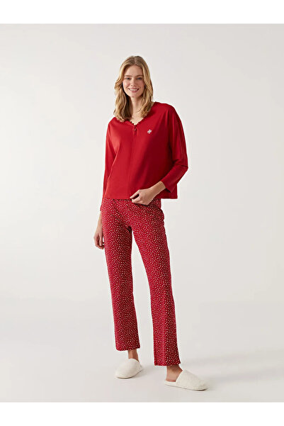 LC Waikiki LCW DREAM Kırmızı V Yaka Baskılı Kadın Pijama Takımı