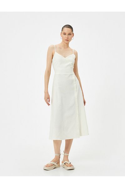 Koton Linen Midi Dress - Double Breasted Collar and Button Detailed Thin Straps