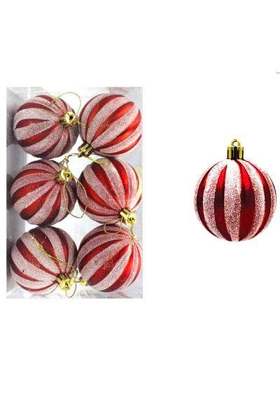 Partifabrik Red Striped Tree Ornament - 6 Cm, Christmas Set of 6