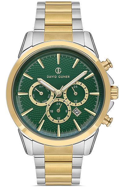 DAVID GUNER Men's Hand Watch with Green Dial and Yellow Silver Plated Calendar