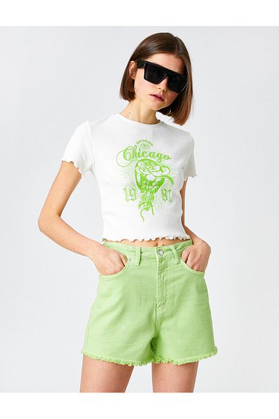 Koton Crop T-Shirt με εμπριμέ κοντό μανίκι Crew λαιμόκοψη