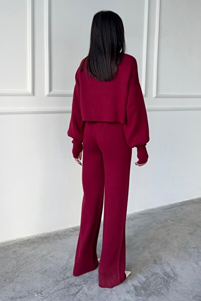 barış sülün lovebox Garatlan nyakú kötött pulóver és magas derekú kötött nadrág - Claret Red Suit 015