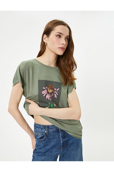 Koton Bedrucktes T-Shirt mit Rundhalsausschnitt und kurzen Ärmeln