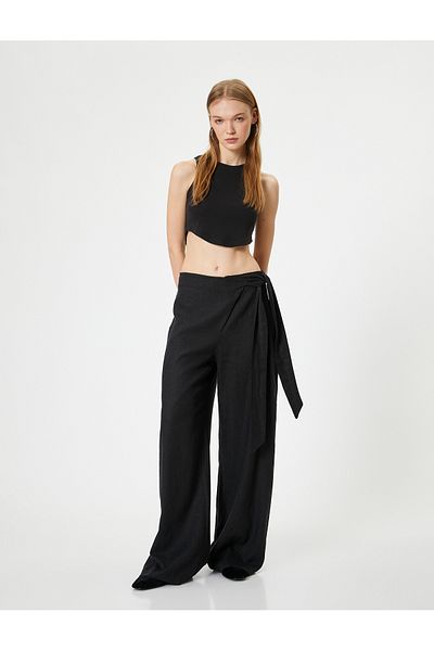Koton Linen Blended Trousers with Wide Leg and Tie Detail