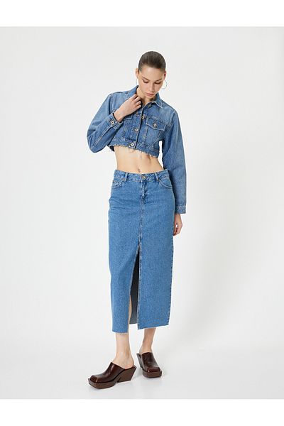 Koton Fustă lungă din denim cu detaliu cu fante în față Buzunar cu talie înaltă Potrivire confortabilă