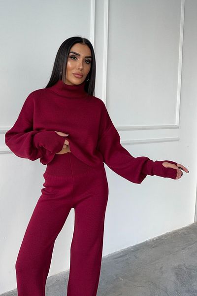 bayansepeti Set bluză și pantaloni tricotați cu talie înaltă din tricotaje roșii Claret - îmbrăcat manual 015