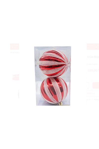 Partifabrik Christmas Ball Ornament - 10 cm White Stripes, Glitter, 2 Pieces, Red Tree Large Size