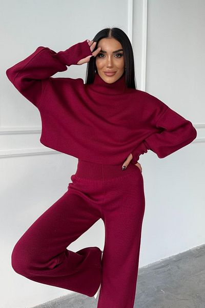 WOMAN VISION Pulover cu gât și pantaloni tricotați cu talie înaltă - Set tricotaje roșu Claret 015