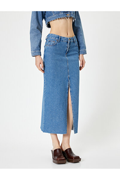 Koton Fustă lungă din denim cu detaliu cu fante în față Buzunar cu talie înaltă Potrivire confortabilă