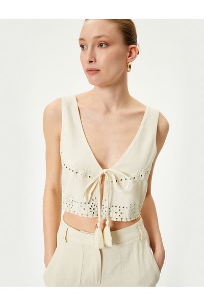 Koton New Season Crop Vest Embroidered Tassel Tie Detail V Neck