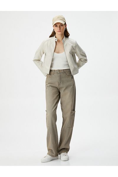 Koton Faux Leather Biker Jacket with Zipper Pocket