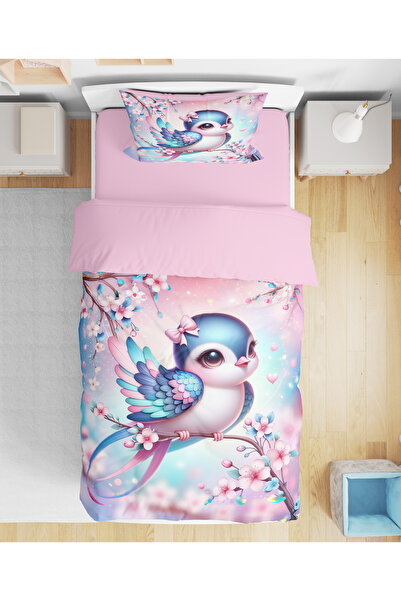 Erays Home Set de lenjerie de pat pentru fete cu imprimeu digital 3D Cute Bird