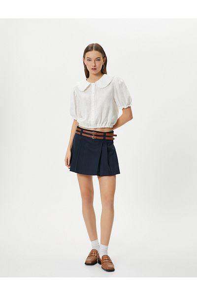Koton Balloon Sleeve Crop Blouse Wide Baby Collar Buttoned Cotton