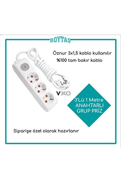 VİKO 1 METRE Anahtarlı 3 Lü Uzatma Kablosu / Viko Grup Priz / Öznur 3*1.5 Kab...