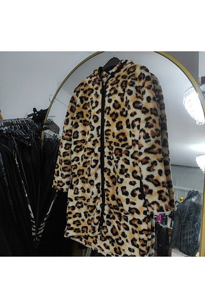 DHDmoda Leopard Zippered Hooded Unlined Plush Coat Jacket