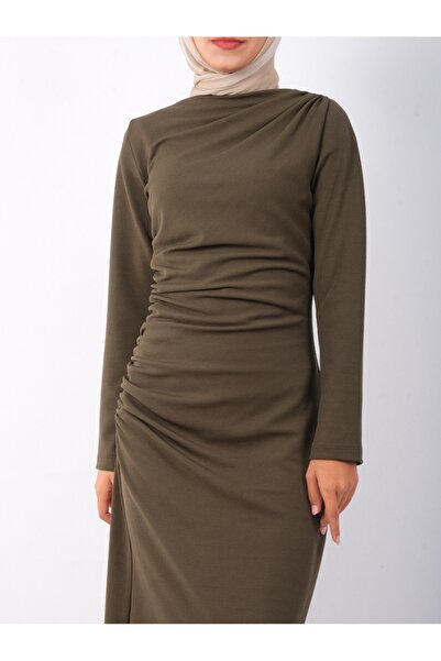 Modamorfo Boat Neck Side Drape Πλεκτό Κρεπ Φόρεμα -χακί