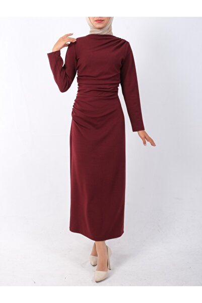 Modamorfo Boat neck side draped knitted crepe dress - burgundy