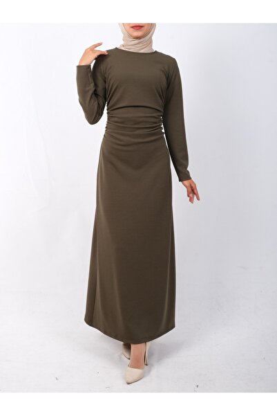 Modamorfo Φόρεμα πλεκτό κρεπ με κορδόνι στη μέση ελαστικό ύφασμα - Χακί