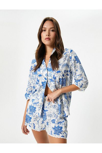 Koton Top cu mânecă lungă cu imprimeu floral, guler de cămașă din viscoză