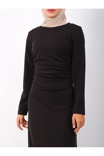 Modamorfo Gestricktes Krepp-Lycra-Kleid mit Kordelzug an der Taille – Schwarz