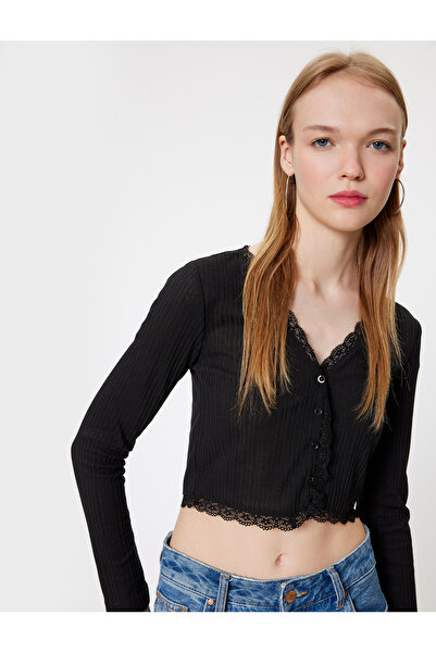 Koton Damen Langarm-T-Shirt Schwarz 5wal10044ık