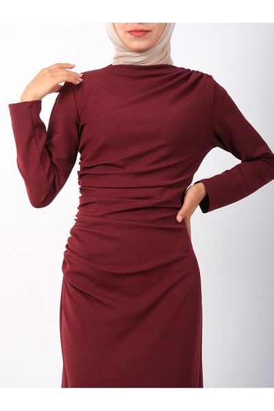 Modamorfo Boat Neck Side Draped Knitted Crepe Dress - Burgundy