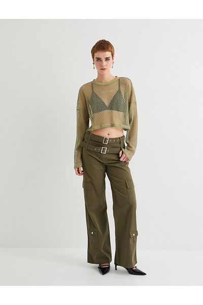 Koton Crop Mesh T-Shirt Long Sleeve Crew Neck