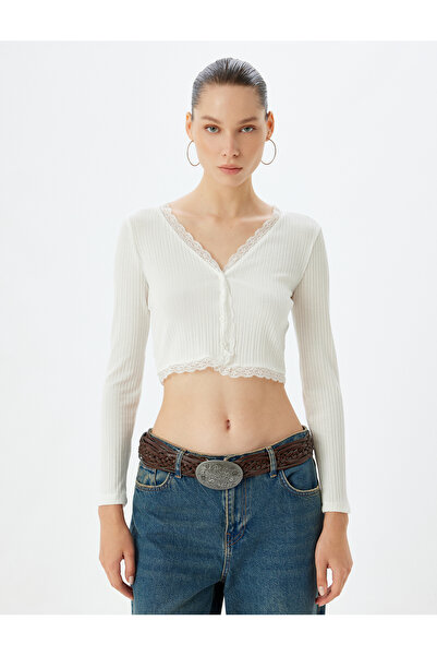 Koton Damen Langarm-T-Shirt Ecru 5wal10044ık