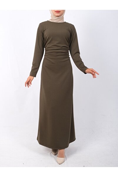 Modamorfo Waist Drawstring Knitted Crepe Lycra Dress -Khaki