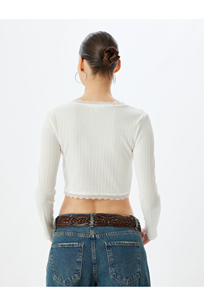 Koton Damen Langarm-T-Shirt Ecru 5wal10044ık