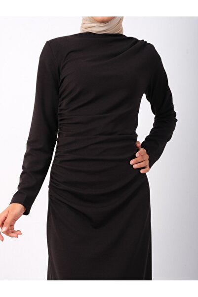Modamorfo Kayık yaka yandan Draped örme crepe dress -black