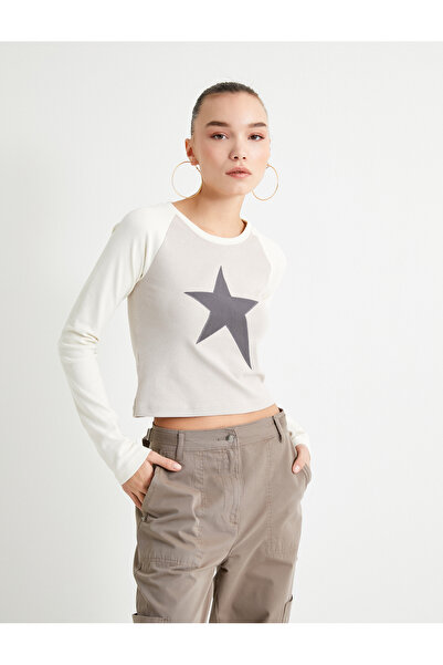 Koton Μακρυμάνικο T-Shirt με στάμπα με λαιμόκοψη βαμβακερό