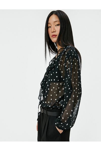 Koton Polka Dot Bluse Tüll Rüschen Schal Kragen Langarm