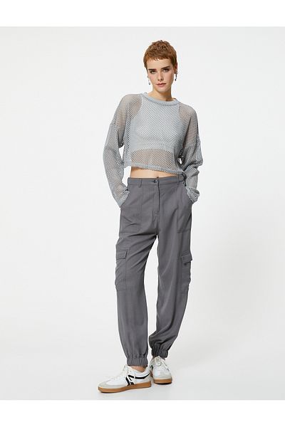 Koton Crop Mesh T-Shirt Long Sleeve Crew Neck