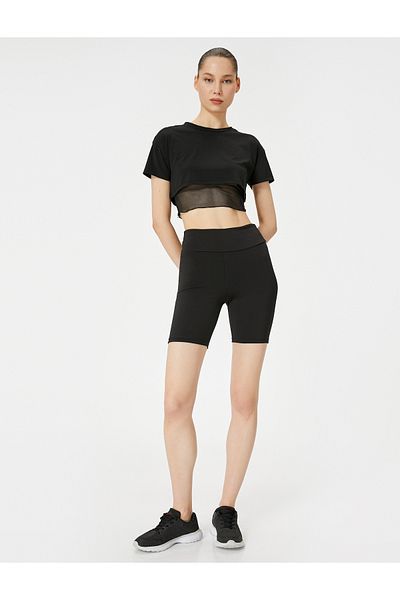 Koton Tricou Sport Crop Detailat din tul cu mânecă scurtă și decolteu