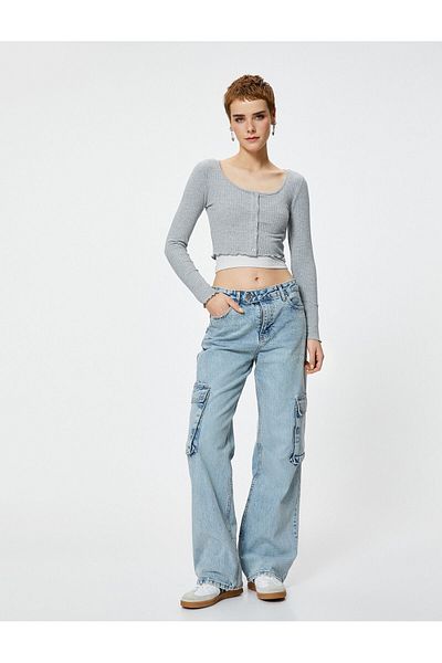 Koton Long Sleeve Crop T-Shirt Buttoned Layered Color Contrast Ribbed U-Neck