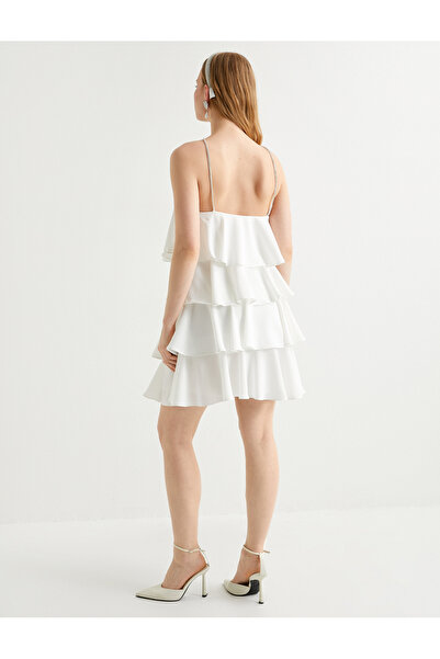 Koton Πολυεπίπεδο Νυφικό Μίνι Φόρεμα Λαιμόκοψη Πέτρα Λεπτομερής επένδυση