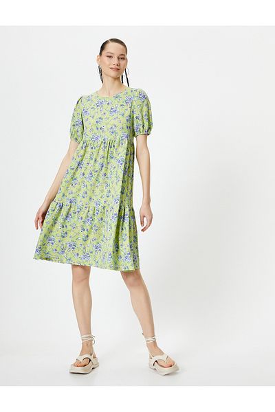 Koton Balloon Sleeve Floral Dress Midi Length Comfortable Fit Crew Neck Textured
