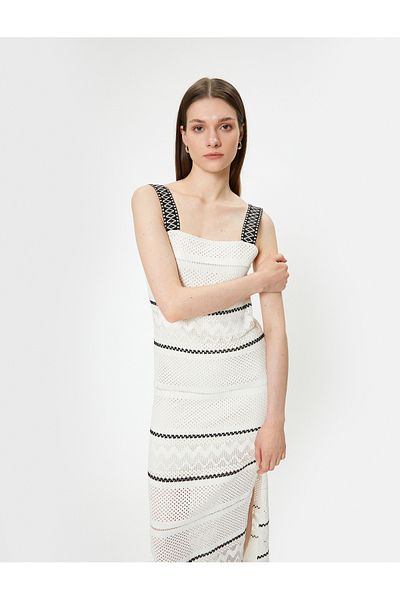 Koton Langes Häkelkleid mit Futter, dicken Trägern, Schlitz, detailliertem Farbkontrast