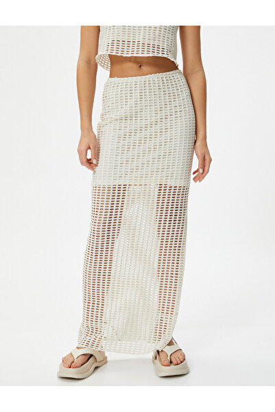 Koton Uzun Kroşe Etek Ajurlu Yüksek Bel Yanları Yırtmaçlı Astarlı Slim Fit