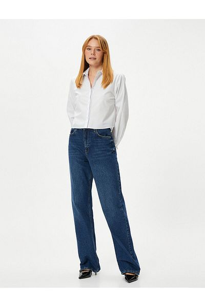 Koton Crop Shirt Dlouhý rukáv Manžetový límec Zapnutý Bavlna