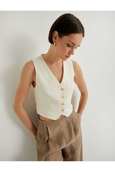 Koton Blazer Vest V-Neck Gold Button Fleto Pocket