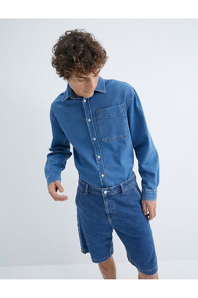 Koton Τζιν πουκάμισο μπουφάν Oversize Τσέπη με λεπτομερή κουμπιά Κλασικό γιακά